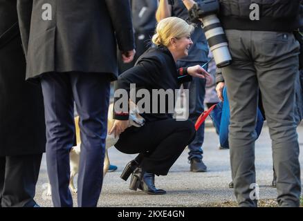 05.01.2020., Croatia, Zagreb - Croatian President Kolinda Grabar Kitarovic accompanied by her husband Jakov, voted in the second round of presidential elections. Elections for the Croatian president continued to a second round or runoff, because none of the 11 candidates received the required majority in the first election, which was held on Sunday December 22, 2019. The candidate who receives the highest number of votes in this round will win the election. Croatians choose between current president Kolinda Grabar-Kitarovic the candidate for the ruling conservative Croatian Democratic Union ( Stock Photo