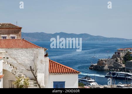 View of small Mediterranean town in sunny summer day Stock Photo