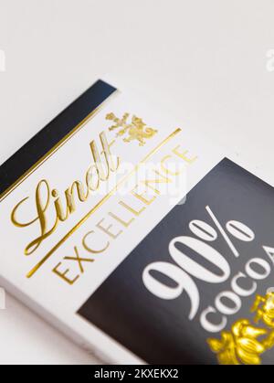 London. UK. 11.25.2022.  Close up of a packet of Lindt dark chocolate. Stock Photo