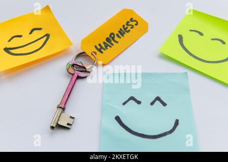 A key to happiness concept with a key and hand drawn happy face ...