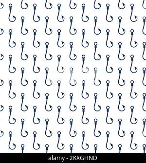 Blue ink fishing hooks isolated on white background. Cute monochrome seamless pattern. Vector flat graphic hand drawn illustration. Texture. Icon. Eps Stock Vector