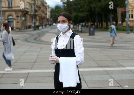 For the International Plastic Bag Free Day, activists from Zelena akcija/Friends of the Earth Croatia /held performance in front of Importanne shopping center in Zagreb, which aimed to raise awareness on the environmental problems caused by production and overconsumption of single-use plastic bags and single-use plastic in general. in Zagreb, Croatia, on July 3,2020. The activists also announced a series of activities as part of 'July without Plastics', which will educate the public and put pressure on decision-makers in the next month in order to reduce disposable plastic pollution in the Re Stock Photo