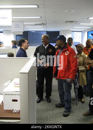 Flooding   Hurricane/Tropical Storm - Philadelphia, Pa. , August 27, 2011   Congressman Chaka Fattah & Philadelphia Mayor Michael Nutter receive a briefing from RRCC Manager John McGowan prior to the onset of hurricane Irene... Photographs Relating to Disasters and Emergency Management Programs, Activities, and Officials Stock Photo