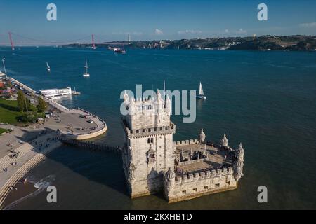 Aerial view of historic landmark Belem Tower (Portuguese: Torre de Belem ) on the northern bank of the Tagus River in Lisbon, Portugal. Stock Photo
