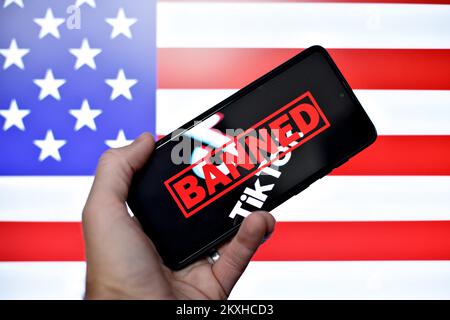 Picture shows illustration for TikTok App, in Zagreb, Croatia, on August 27, 2020.President Donald Trump's ongoing battle with TikTok is becoming one of the most curious chapters in America's emerging cold war with China. Trump issued an executive order which gave the Chinese social media giant ByteDance until the middle of September to find an American buyer or be banned in the country. He also issued a similar executive order for the Chinese messaging service WeChat. Photo: Davor Puklavec/PIXSELL  Stock Photo