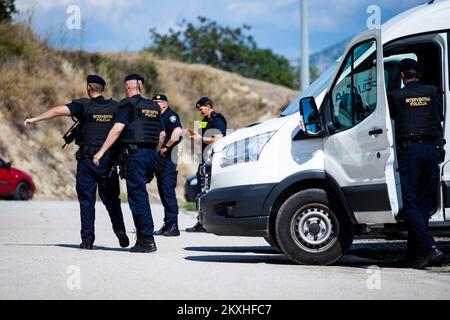 Police search for the killer in Split, Croatia, Sep. 2,2020. Branimir Caleta from Vinovac, who is on trial for the murder of a pregnant Ukrainian woman Ganne Kitaeve in 2013, escaped to the judicial police this morning at the County Court in Split. Caleta was brought to court from Bilice, but despite being handcuffed, he still managed to escape when they wanted to take him into the judicial police car. He fled across a parking lot near the court, and police fired several shots into the air as a warning. Photo: Milan Sabic/PIXSELL  Stock Photo