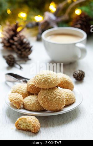 Christmas nut cookies Filbertines served with coffee on a background of ...