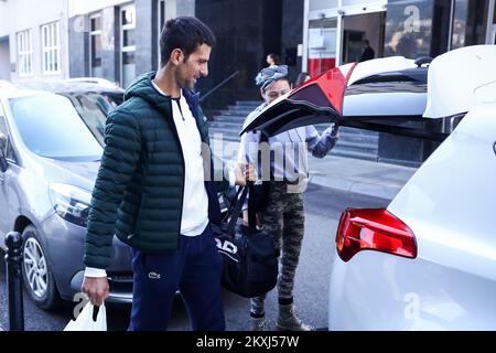 Novak Djokovic seen getting into the car, in Sarajevo, Bosnia and Herzegovina, October 14, 2020.World No. 1 Novak Djokovic with his wife Jelena made an unexpected visit to Visoko, Bosnia and Herzegovina, just a day after losing to the French Open final. Djokovic, who tested positive for the coronavirus in late-June, visited Bosnia and Herzegovina in July after recovering from the virus.One of the stops Djokovic made during his trip to Bosnia and Herzegovina was Visoko, where he visited the Bosnian Pyramid Of The Sun . On Sunday, Djokovic suffered a disappointing French Open final loss as worl Stock Photo