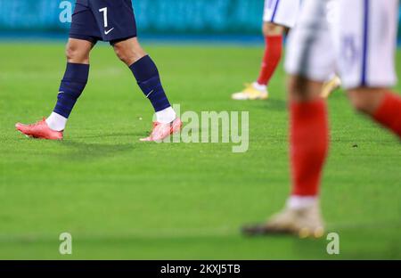 Antoine Griezmanns legs are pictured during the UEFA Nations League group stage match between Croatia and France at Maksimir Stadium on October 14, 2020 in Zagreb, Croatia. Griezmann is wearing Puma football boots designed by Croatian electric hypercar maker Rimac Automobili, calling them the worldâ€™s fastest football boots. Photo: Sanjin Strukic/PIXSELL Stock Photo