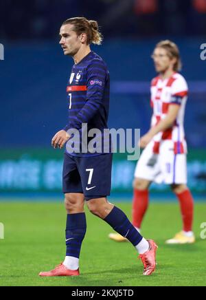 Antoine Griezmanns of france is pictured during the UEFA Nations League group stage match between Croatia and France at Maksimir Stadium on October 14, 2020 in Zagreb, Croatia. Griezmann is wearing Puma football boots designed by Croatian electric hypercar maker Rimac Automobili, calling them the worldâ€™s fastest football boots. Photo: Sanjin Strukic/PIXSELL Stock Photo