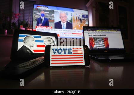 Photo taken on November 3, 2020 in Zagreb, Croatia shows illustration for the 2020 United States presidential election between Donald Trump and Joe Biden. Citizens around the world are following the elections for the world's most influential president. Photo: Luka Stanzl/PIXSELL Stock Photo