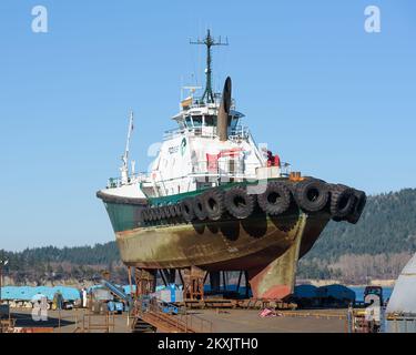Anacortes, WA, USA - February 25, 2022; Tanker escort tugboat Garth Foss out of water in Anacortes with tyres visible Stock Photo