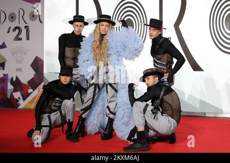 Albina Grcic on the red carpet in front of the Marino Cvetkovic hall before the rehearsal for Dora, the Croatian national final for the Eurovision Song Contest, in Opatija, Croatia, on February 12, 2021. Albina Grcic is the winner of this year's Dora, the Croatian selection for Eurovision, and will represent Croatia with the song 'Tick-Tock' in the Netherlands at the Eurovision Song Contest in May. Photo: Nel Pavletic/PIXSELL Stock Photo