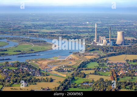 Aerial view, Emscher estuary renaturation, floodplain landscape at the river Rhine, in the background the decommissioned coal-fired power plant Voerde Stock Photo