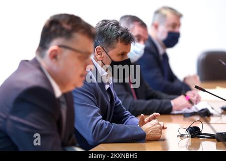 The Prime Minister of the Federation of Bosnia and Herzegovina Fadil Novalic at a meeting with the Head of the Office of the World Health Organization for Europe (WHO) in Sarajevo on May 4, 2021. Hans Kluge said he was a 'cautious optimist' and believed the world was on track to contain the coronavirus pandemic, but warned that there was no need to rush to lift the restrictive measures. Photo: Armin Durgut/PIXSELL  Stock Photo