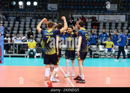 ZADAR, CROATIA - MAY 09: Swedish players celebrates a point during the CEV EuroVolley Qualifying match between Sweden and Croatia at Kresimir Cosic Hall in Visnjik Sports Center on May 9, 2021 in Zadar, Croatia. Photo: Marko Dimic/PIXSELL Stock Photo