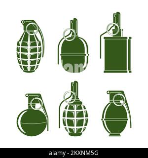 Silhouettes of various combat grenades on a white background. Stock Vector