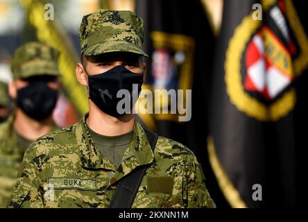 A member of Croatian army is seen during a Croatian Armed Forces parade on the occasion of 30th anniversary of armed forces at stadium in Kranjceviceva street, Zagreb, Croatia on May 28, 2021. Day is marked on May 28 in memory of the first parade of the army's predecessor, the National Guard which was held on 28 May 1991 in Zagreb's stadium in Kranjceviceva Street. About 800 soldiers and police officers participated in the military parade on that occasion as well as honorary guards and the Sinj Alka society. Photo: Marko Lukunic/PIXSELL Stock Photo