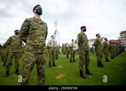A members of Croatian army are seen during a Croatian Armed Forces parade on the occasion of 30th anniversary of armed forces at stadium in Kranjceviceva street, Zagreb, Croatia on May 28, 2021. Day is marked on May 28 in memory of the first parade of the army's predecessor, the National Guard which was held on 28 May 1991 in Zagreb's stadium in Kranjceviceva Street. About 800 soldiers and police officers participated in the military parade on that occasion as well as honorary guards and the Sinj Alka society. Photo: Marko Lukunic/PIXSELL Stock Photo