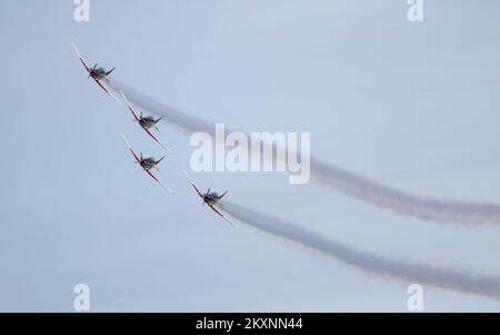 The performance of the acrobatic group of the Croatian Air Force 'Krila Oluje' (Storm Wings) delighted many citizens gathered on the occasion of the celebration of Croatian Army Day, Croatian Army Day and the 30th anniversary of the Croatian Army in Zagreb, Croatia on 28. May, 2021. Photo: Zeljko Lukunic/PIXSELL Stock Photo