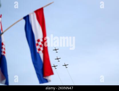 The performance of the acrobatic group of the Croatian Air Force 'Krila Oluje' (Storm Wings) delighted many citizens gathered on the occasion of the celebration of Croatian Army Day, Croatian Army Day and the 30th anniversary of the Croatian Army in Zagreb, Croatia on 28. May, 2021. Photo: Zeljko Lukunic/PIXSELL Stock Photo