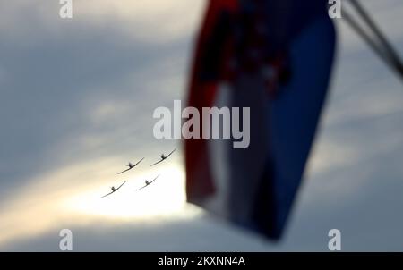 The performance of the acrobatic group of the Croatian Air Force 'Krila Oluje' (Storm Wings) delighted many citizens gathered on the occasion of the celebration of Croatian Army Day, Croatian Army Day and the 30th anniversary of the Croatian Army in Zagreb, Croatia on 28. May, 2021. Photo: Zeljko Lukunic/PIXSELL Stock Photo