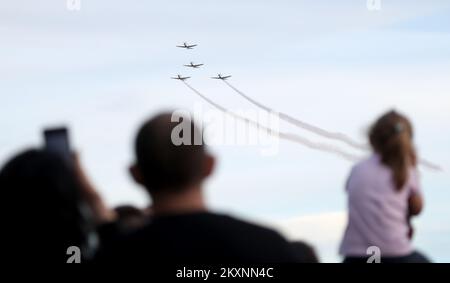 The performance of the acrobatic group of the Croatian Air Force 'Krila Oluje' (Storm Wings) delighted many citizens gathered on the occasion of the celebration of Croatian Army Day, Croatian Army Day and the 30th anniversary of the Croatian Army in Zagreb, Croatia on 28. May, 2021. Photo: Zeljko Lukunic/PIXSELL Stock Photo