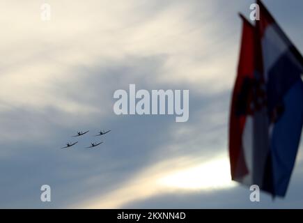 The performance of the acrobatic group of the Croatian Air Force 'Krila Oluje' (Storm Wings) delighted many citizens gathered on the occasion of the celebration of Croatian Army Day, Croatian Army Day and the 30th anniversary of the Croatian Army in Zagreb, Croatia on 28. May, 2021. Photo: Zeljko Lukunic/PIXSELL Stock Photo