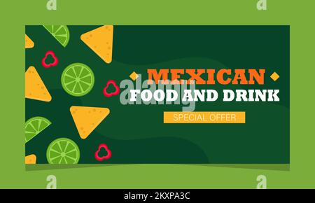 Mexican food service offer, web page. Landing banner with promo, vector illustration. Mexican restaurant. Lime, nachos and peppers on green background Stock Vector