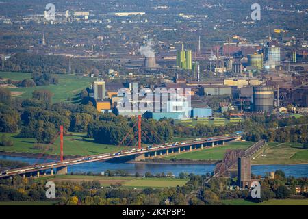 Aerial view, freeway bridge A42 over the river Rhine, Haus-Knipp railroad bridge and tower Rheinpreußen colliery shaft 8 Gerdt (bottom right), thyssen Stock Photo