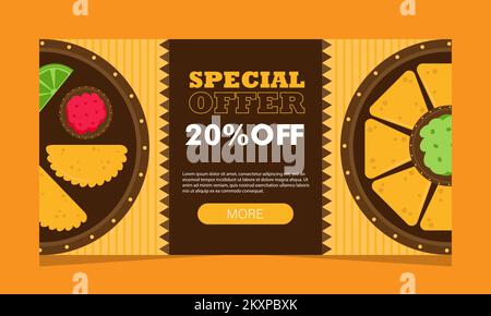 Mexican food service offer, web page. Landing banner with promo, vector illustration. Discount coupon. Stock Vector