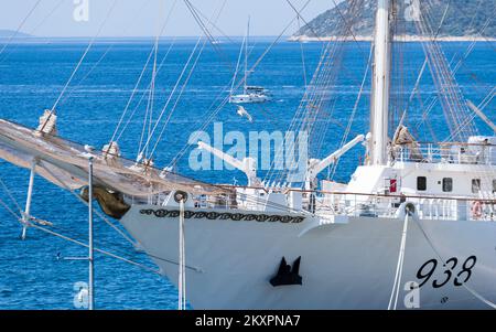 The Algerian National Navy sail training ship El-Mellah docks at port in Split, Croatia, on July 20, 2021. El-Mellah (meaning sailor in Arabic) was built by the Polish shipbuilder Remontowa Shipbuilding shipyard in Gdansk and launched in November 2015 and it is one of the largest school sailing ships in the world. Photo: Milan Sabic/PIXSELL Stock Photo