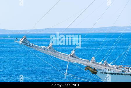 The Algerian National Navy sail training ship El-Mellah docks at port in Split, Croatia, on July 20, 2021. El-Mellah (meaning sailor in Arabic) was built by the Polish shipbuilder Remontowa Shipbuilding shipyard in Gdansk and launched in November 2015 and it is one of the largest school sailing ships in the world. Photo: Milan Sabic/PIXSELL Stock Photo