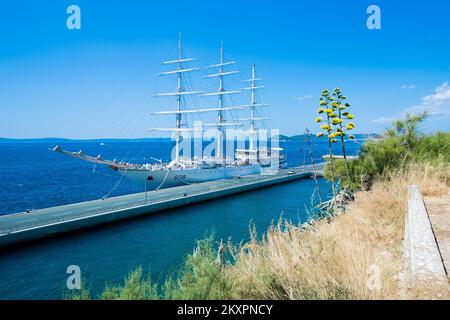 The Algerian National Navy sail training ship El-Mellah docks at port in Split, Croatia, on July 20, 2021. El-Mellah (meaning sailor in Arabic) was built by the Polish shipbuilder Remontowa Shipbuilding shipyard in Gdansk and launched in November 2015 and it is one of the largest school sailing ships in the world. Photo: Milan Sabic/PIXSELL Stock Photo