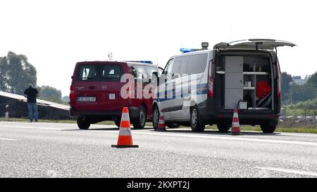 View of the site of a serious traffic accident on the highway. This morning at around 6.20 am on the highway near Slavonski Brod, near the toll booths on the southern lane, a bus with Kosovo markings landed off the road, and the latest figures are ten people dead. 45 people sought medical help after a serious accident on the highway near Slavonski Brod, and eight of them were seriously injured., in Slavonski Brod, Croatia, on July 25, 2021. Photo: Ivica Galovic/PIXSELL Stock Photo