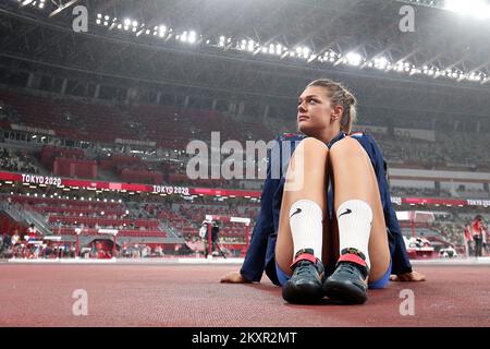 TOKYO, JAPAN - AUGUST 02: Discus thrower, Sandra Perkovic of Team Croatia, competes in the discus throw athletics on day 10 of the Tokyo 2020 Olympic Games at Olympic Stadium on August 02 2021 in Tokyo, Japan. Photo: Igor Kralj/PIXSELL Stock Photo