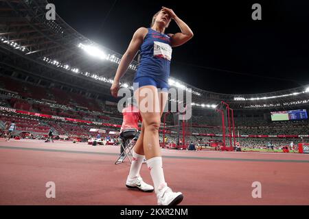 TOKYO, JAPAN - AUGUST 02: Discus thrower, Sandra Perkovic of Team Croatia, competes in the discus throw athletics on day 10 of the Tokyo 2020 Olympic Games at Olympic Stadium on August 02 2021 in Tokyo, Japan. Photo: Igor Kralj/PIXSELL Stock Photo