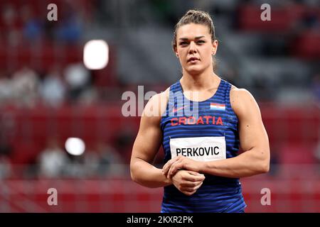 TOKYO, JAPAN - AUGUST 02: Discus thrower, Sandra Perkovic of Team Croatia, competes in the discus throw athletics on day 10 of the Tokyo 2020 Olympic Games at Olympic Stadium on August 02 2021 in Tokyo, Japan. Photo: Igor Kralj/PIXSELL Stock Photo