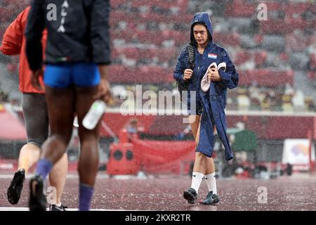 TOKYO, JAPAN - AUGUST 02: Discus thrower, Sandra Perkovic of Team Croatia, competes in the discus throw athletics on day 10 of the Tokyo 2020 Olympic Games at Olympic Stadium on August 02 2021 in Tokyo, Japan. Photo: Igor Kralj/PIXSELL Stock Photo