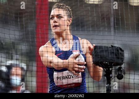 TOKYO, JAPAN - AUGUST 02: Discus thrower, Sandra Perkovic of Team Croatia, competes in the discus throw athletics on day 10 of the Tokyo 2020 Olympic Games at Olympic Stadium on August 02 2021 in Tokyo, Japan. Photo: Igor Kralj/PIXSELL Stock Photo