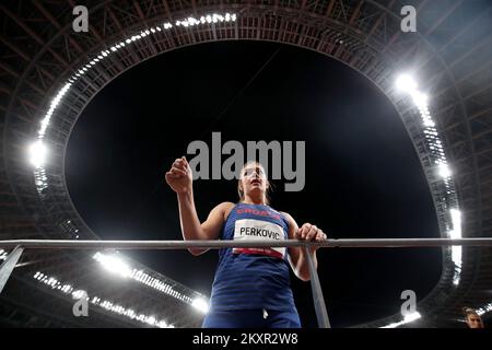 TOKYO, JAPAN - AUGUST 02: Discus thrower, Sandra Perkovic of Team Croatia, competes in the discus throw athletics on day 10 of the Tokyo 2020 Olympic Games at Olympic Stadium on August 02 2021 in Tokyo, Japan. Photo: Igor Kralj/PIXSELL Stock Photo