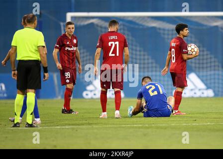 Croatia, Zagreb - AUGUST 4, 2021 Bartosz Slisz, Rafael Lopes, Bruno Petkovic, Andre Martins during UEFA Champions League third qualifying round Leg 1 football match between Dinamo Zagreb and Legia Warsaw on Maksimir Stadium. Photo: Matija Habljak/PIXSELL Stock Photo