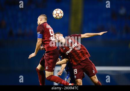 Croatia, Zagreb - AUGUST 4, 2021 Artur Jedrzejczyk; Bartosz Slisz; Bartol Franjic during UEFA Champions League third qualifying round Leg 1 football match between Dinamo Zagreb and Legia Warsaw on Maksimir Stadium. Photo: Josip Regovic/PIXSELL Stock Photo