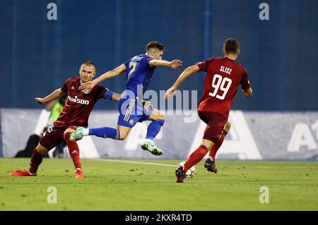 Croatia, Zagreb - AUGUST 4, 2021 Artur Jedrzejczyk, Luka Ivanusec, Bartosz Slisz during UEFA Champions League third qualifying round Leg 1 football match between Dinamo Zagreb and Legia Warsaw on Maksimir Stadium. Photo: Matija Habljak/PIXSELL Stock Photo