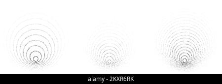 Faded rippled circles set. Dotted grain rings set. Stippled gradient epicentre, radar, target, vibration concept . Noise sound wave. Vector dot work  Stock Vector