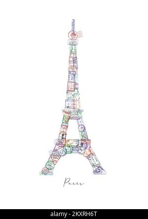 Eiffel tower made from a passport stamps different countries with lettering Paris poster Stock Photo