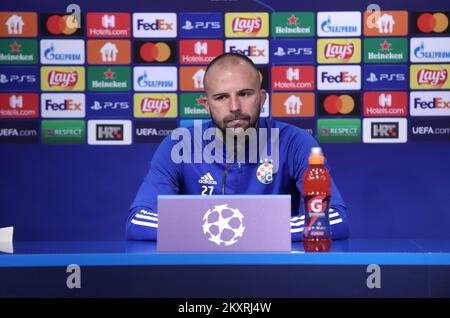 Josip Misic of Dinamo speaks during a press conference after the UEFA Champions League Play-Offs Leg Two match between Dinamo Zagreb and FC Sheriff at Maksimir Stadium on August 25, 2021 in Zagreb, Croatia. Photo: Goran Stanzl/Pixsell Stock Photo