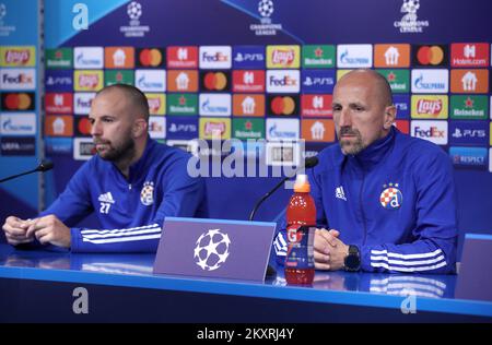 Josip Misic of Dinamo and Head coach of Dinamo Zagreb Damir Krznar speaks Head coach of Dinamo Zagreb Damir Krznar during a press conference after the UEFA Champions League Play-Offs Leg Two match between Dinamo Zagreb and FC Sheriff at Maksimir Stadium on August 25, 2021 in Zagreb, Croatia. Photo: Goran Stanzl/Pixsell Stock Photo