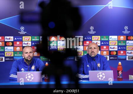 Josip Misic of Dinamo and Head coach of Dinamo Zagreb Damir Krznar speaks Head coach of Dinamo Zagreb Damir Krznar during a press conference after the UEFA Champions League Play-Offs Leg Two match between Dinamo Zagreb and FC Sheriff at Maksimir Stadium on August 25, 2021 in Zagreb, Croatia. Photo: Goran Stanzl/Pixsell Stock Photo