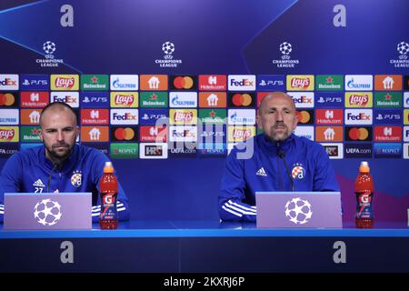 Josip Misic of Dinamo and Head coach of Dinamo Zagreb Damir Krznar speaks during a press conference after the UEFA Champions League Play-Offs Leg Two match between Dinamo Zagreb and FC Sheriff at Maksimir Stadium on August 25, 2021 in Zagreb, Croatia. Photo: Goran Stanzl/Pixsell Stock Photo